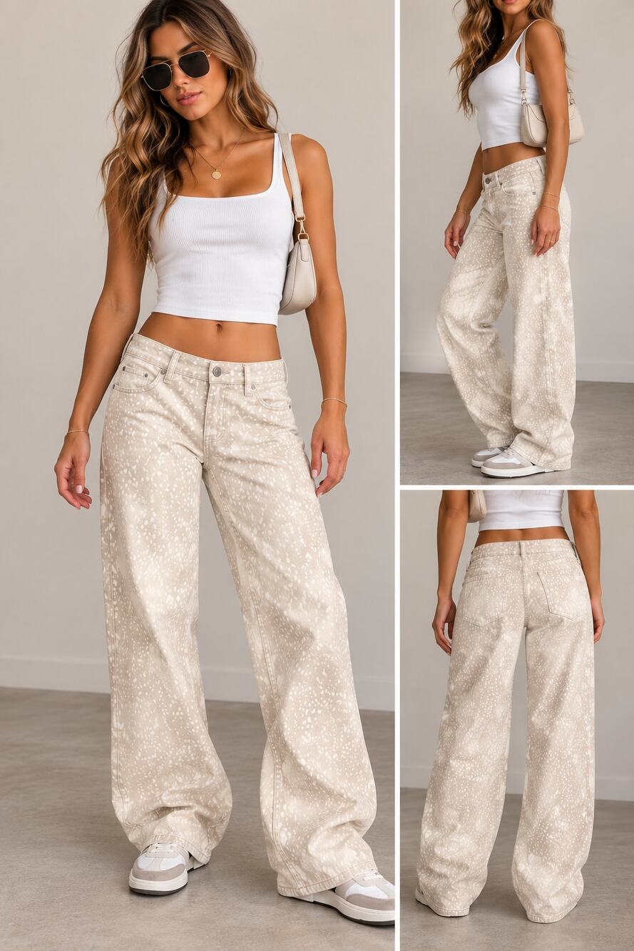 Hollister Low Rise Doe Print Baggy Jeans Womens 2R W26 Cream Dot NWT